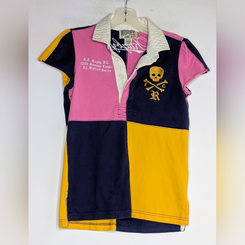 Ralph Lauren Rugby Colorblock Skull Kicker Polo Shirt Small Rare Y2K Patchwork